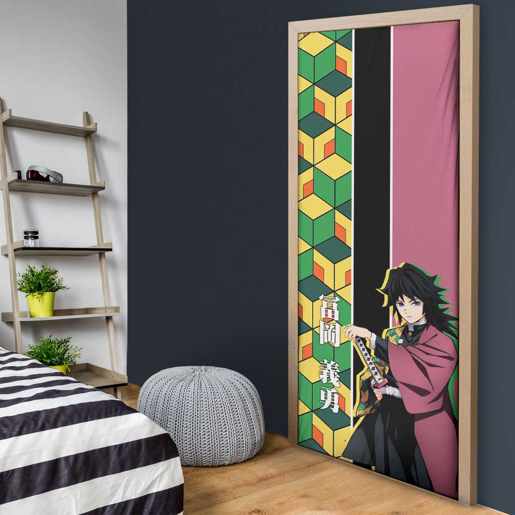 Giyu Tomioka from Demon Slayer Door Cover with Geometric Pattern Sleeve and Pink and Black Manga Panel Design - The Mazicc