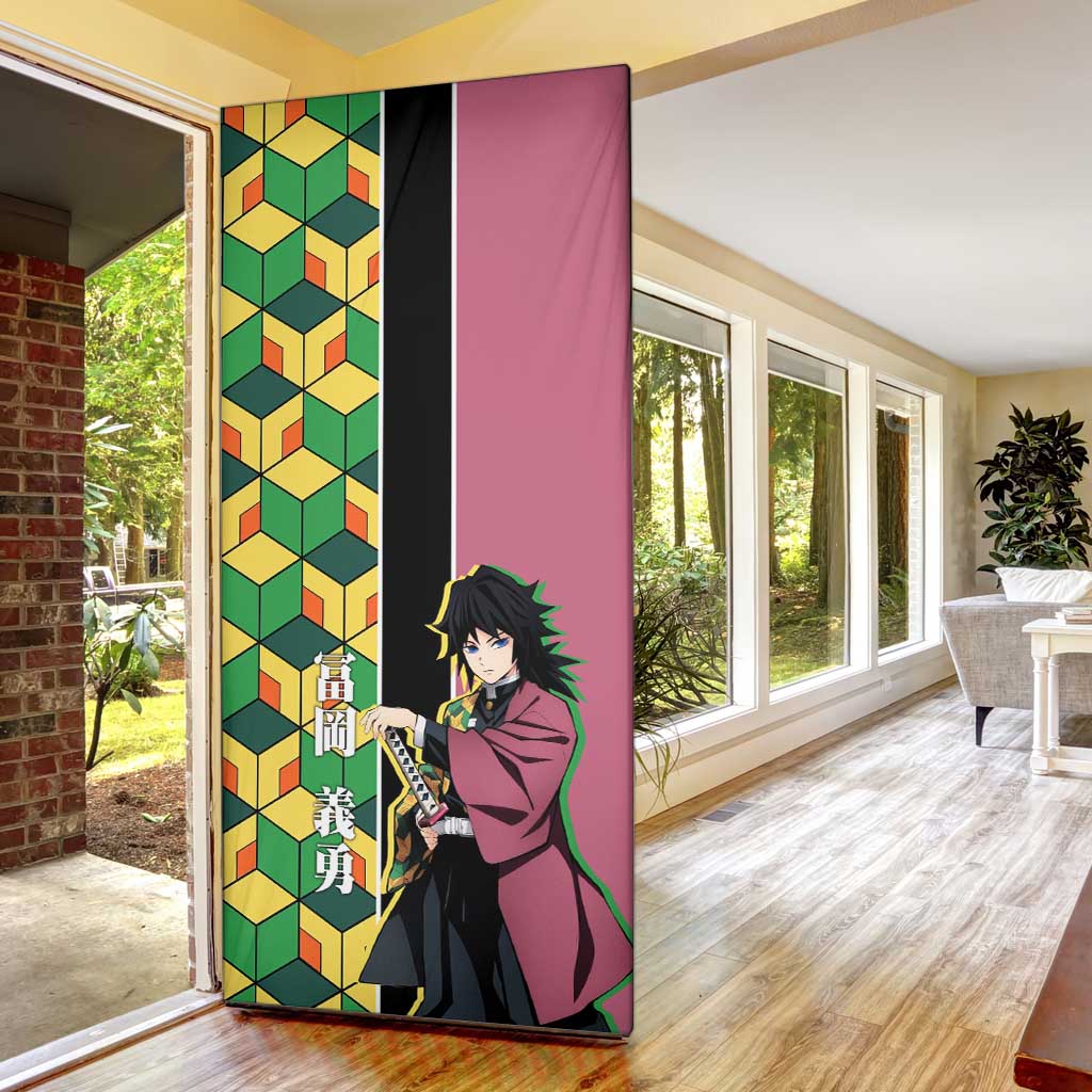 Giyu Tomioka from Demon Slayer Door Cover with Geometric Pattern Sleeve and Pink and Black Manga Panel Design - The Mazicc