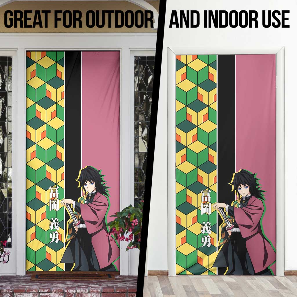 Giyu Tomioka from Demon Slayer Door Cover with Geometric Pattern Sleeve and Pink and Black Manga Panel Design - The Mazicc