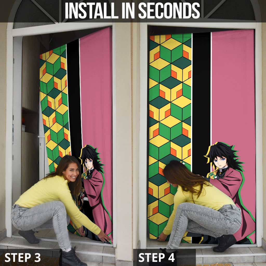 Giyu Tomioka from Demon Slayer Door Cover with Geometric Pattern Sleeve and Pink and Black Manga Panel Design - The Mazicc