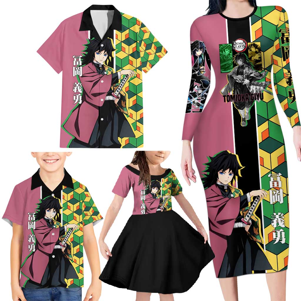 Giyu Tomioka from Demon Slayer Family Matching Long Sleeve Bodycon Dress and Hawaiian Shirt with Geometric Pattern Sleeve and Pink and Black Manga Panel Design - The Mazicc