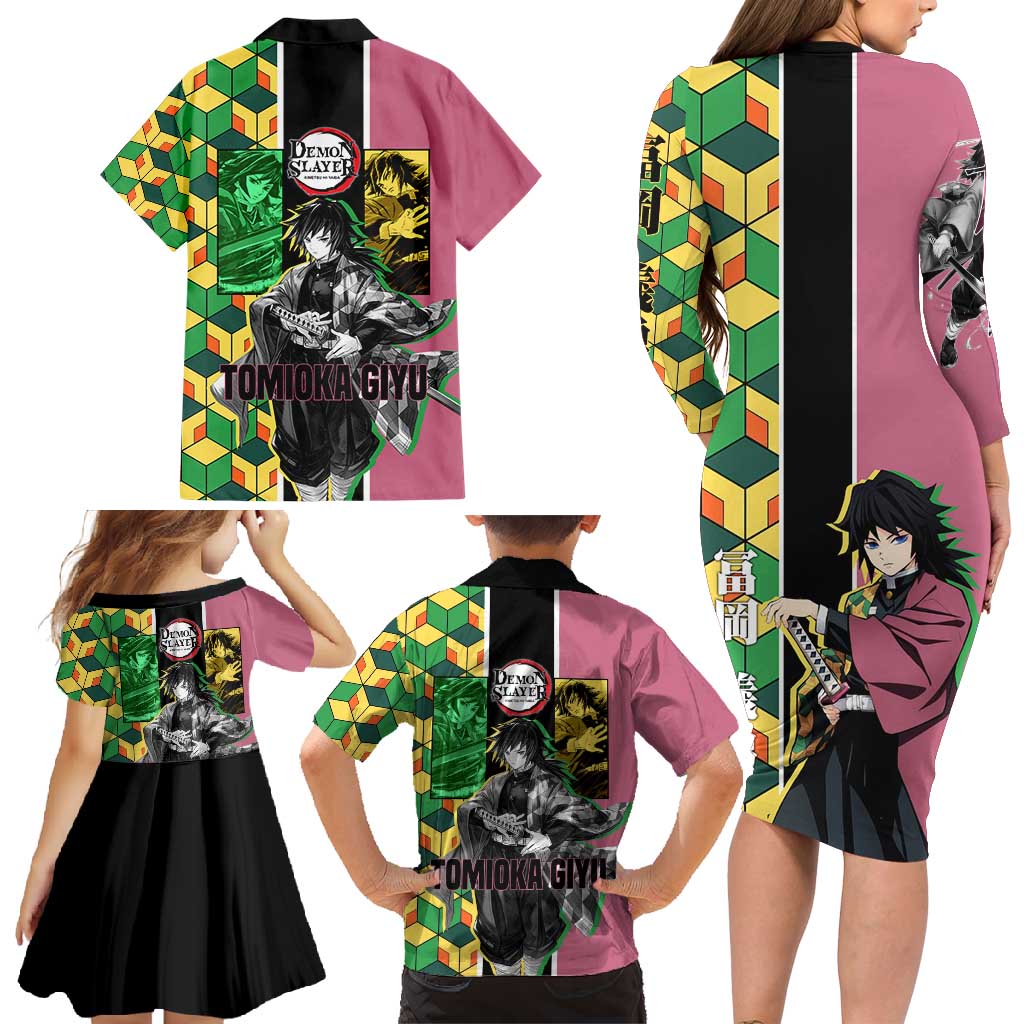 Giyu Tomioka from Demon Slayer Family Matching Long Sleeve Bodycon Dress and Hawaiian Shirt with Geometric Pattern Sleeve and Pink and Black Manga Panel Design - The Mazicc