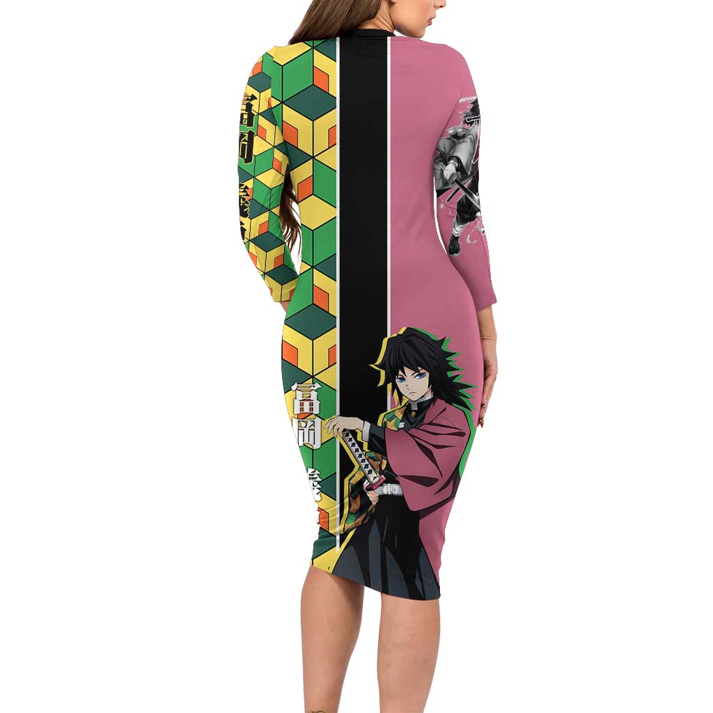 Giyu Tomioka from Demon Slayer Family Matching Long Sleeve Bodycon Dress and Hawaiian Shirt with Geometric Pattern Sleeve and Pink and Black Manga Panel Design - The Mazicc