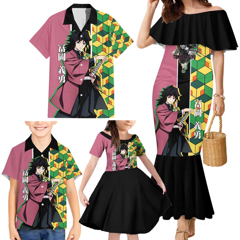 Giyu Tomioka from Demon Slayer Family Matching Mermaid Dress and Hawaiian Shirt with Geometric Pattern Sleeve and Pink and Black Manga Panel Design - The Mazicc