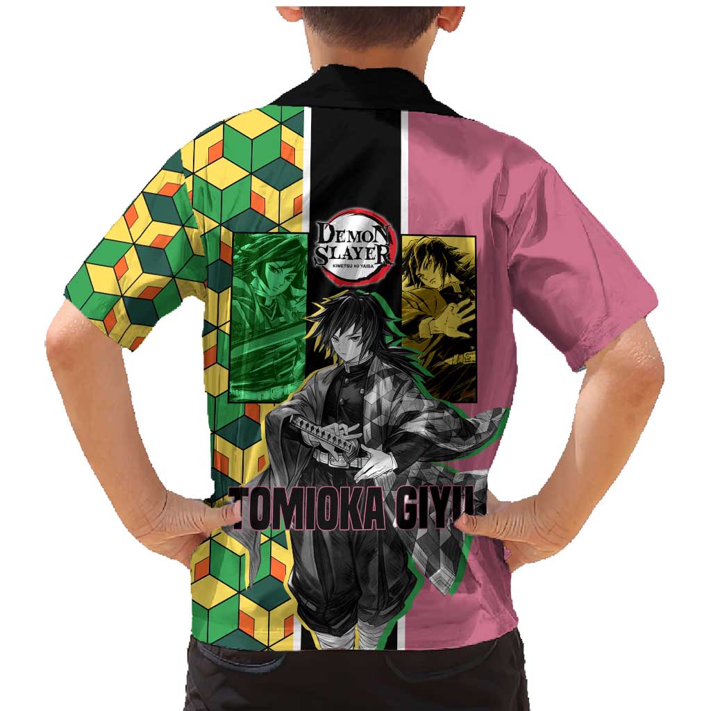 Giyu Tomioka from Demon Slayer Family Matching Mermaid Dress and Hawaiian Shirt with Geometric Pattern Sleeve and Pink and Black Manga Panel Design - The Mazicc