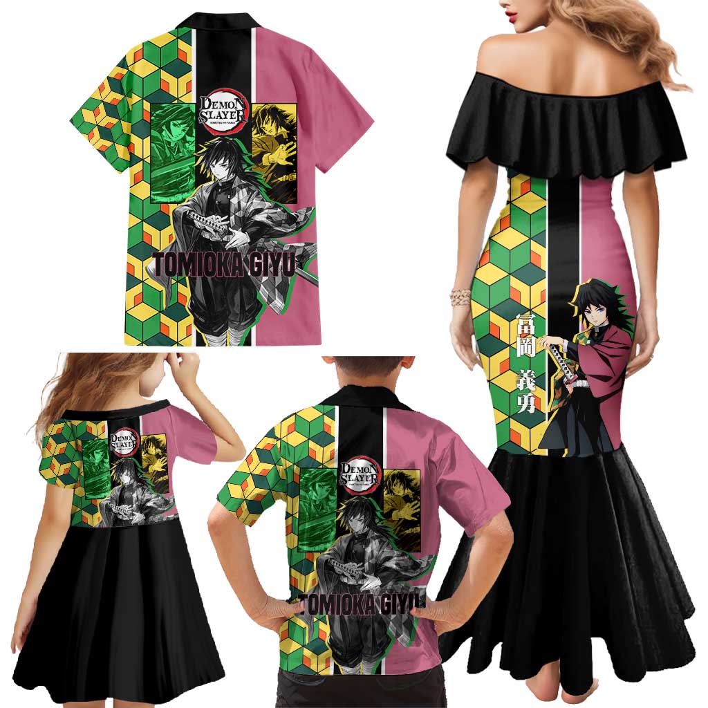 Giyu Tomioka from Demon Slayer Family Matching Mermaid Dress and Hawaiian Shirt with Geometric Pattern Sleeve and Pink and Black Manga Panel Design - The Mazicc