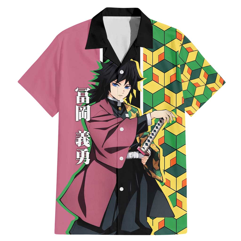 Giyu Tomioka from Demon Slayer Family Matching Mermaid Dress and Hawaiian Shirt with Geometric Pattern Sleeve and Pink and Black Manga Panel Design - The Mazicc