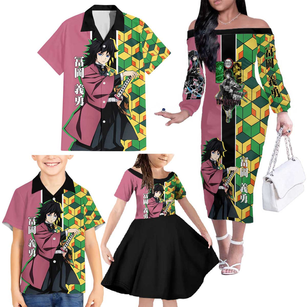 Giyu Tomioka from Demon Slayer Family Matching Off The Shoulder Long Sleeve Dress and Hawaiian Shirt with Geometric Pattern Sleeve and Pink and Black Manga Panel Design - The Mazicc