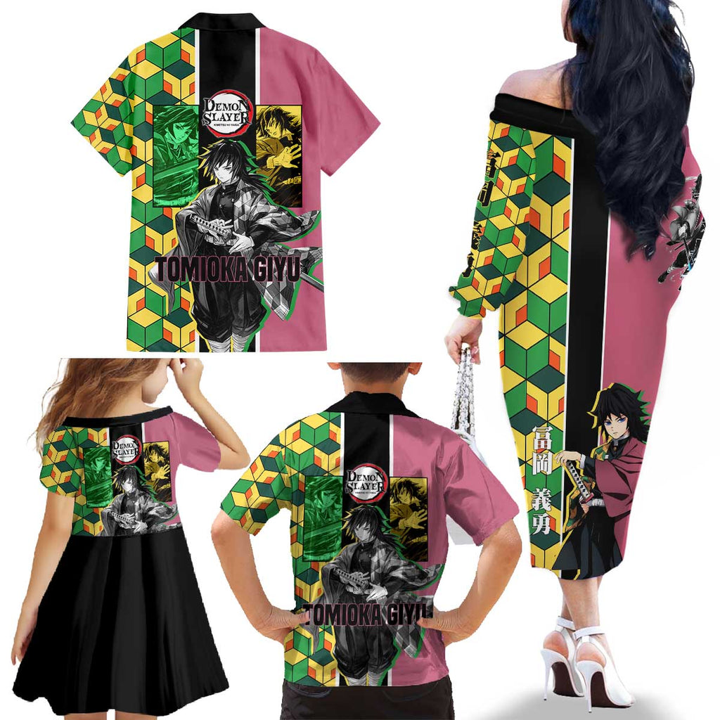 Giyu Tomioka from Demon Slayer Family Matching Off The Shoulder Long Sleeve Dress and Hawaiian Shirt with Geometric Pattern Sleeve and Pink and Black Manga Panel Design - The Mazicc