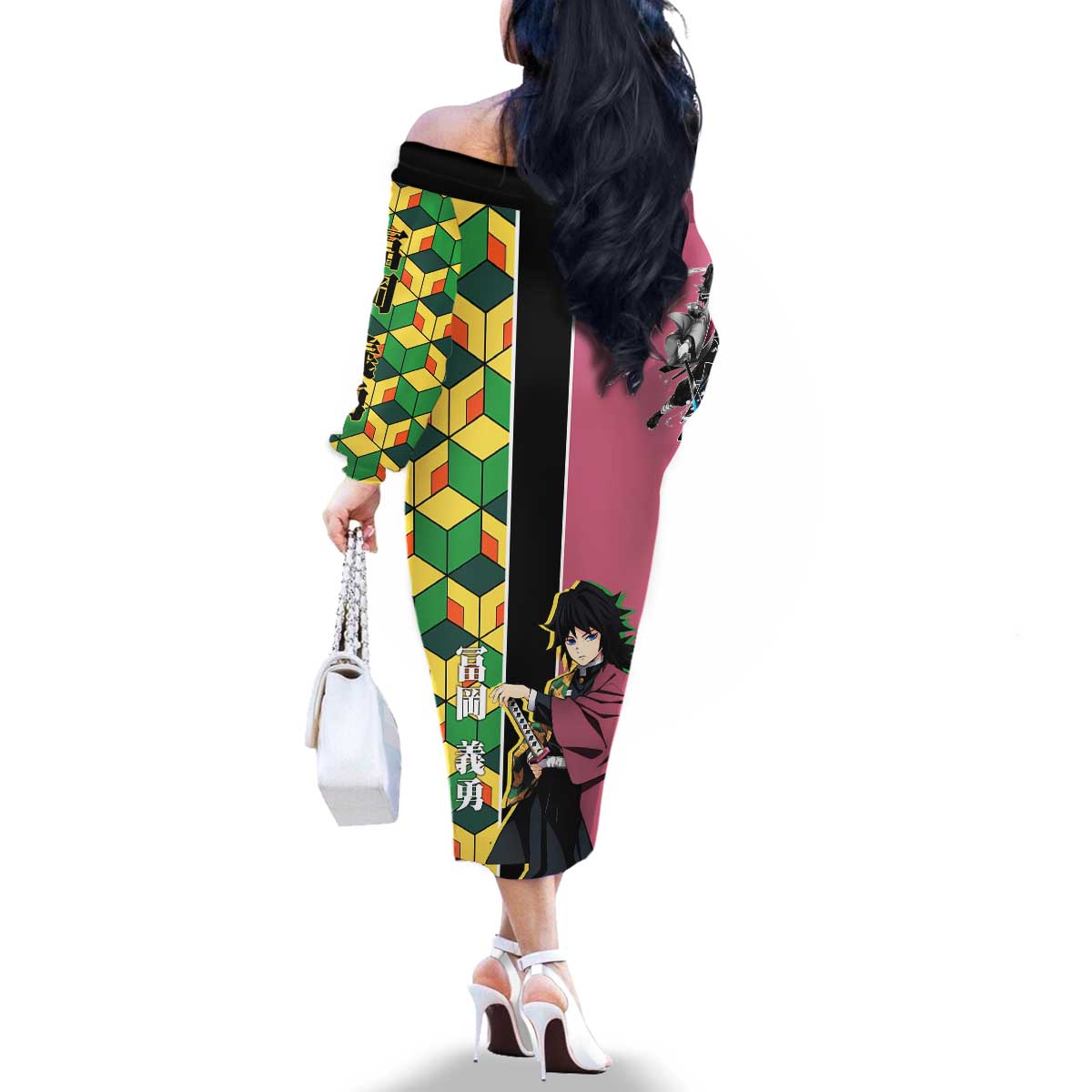 Giyu Tomioka from Demon Slayer Family Matching Off The Shoulder Long Sleeve Dress and Hawaiian Shirt with Geometric Pattern Sleeve and Pink and Black Manga Panel Design - The Mazicc