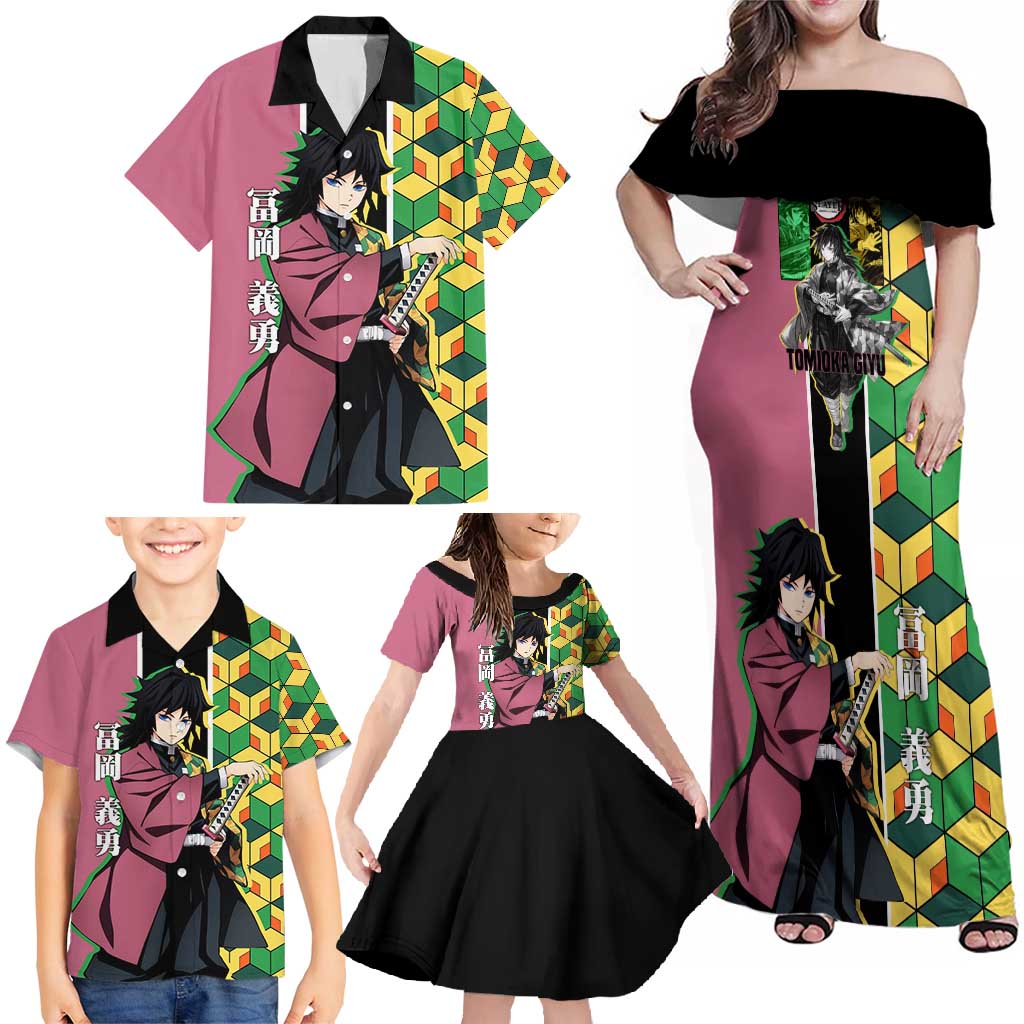Giyu Tomioka from Demon Slayer Family Matching Off Shoulder Maxi Dress and Hawaiian Shirt with Geometric Pattern Sleeve and Pink and Black Manga Panel Design - The Mazicc