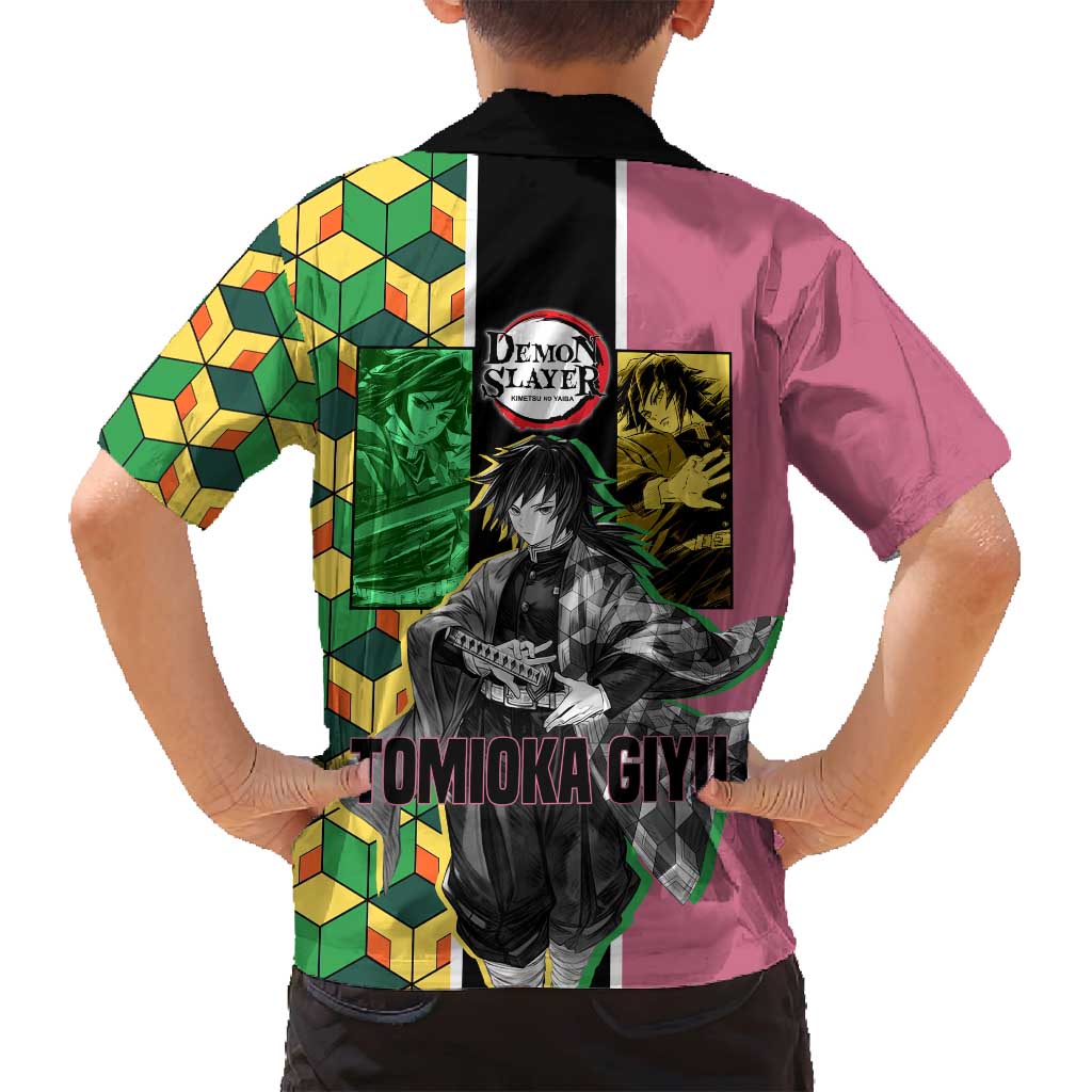 Giyu Tomioka from Demon Slayer Family Matching Off Shoulder Maxi Dress and Hawaiian Shirt with Geometric Pattern Sleeve and Pink and Black Manga Panel Design - The Mazicc
