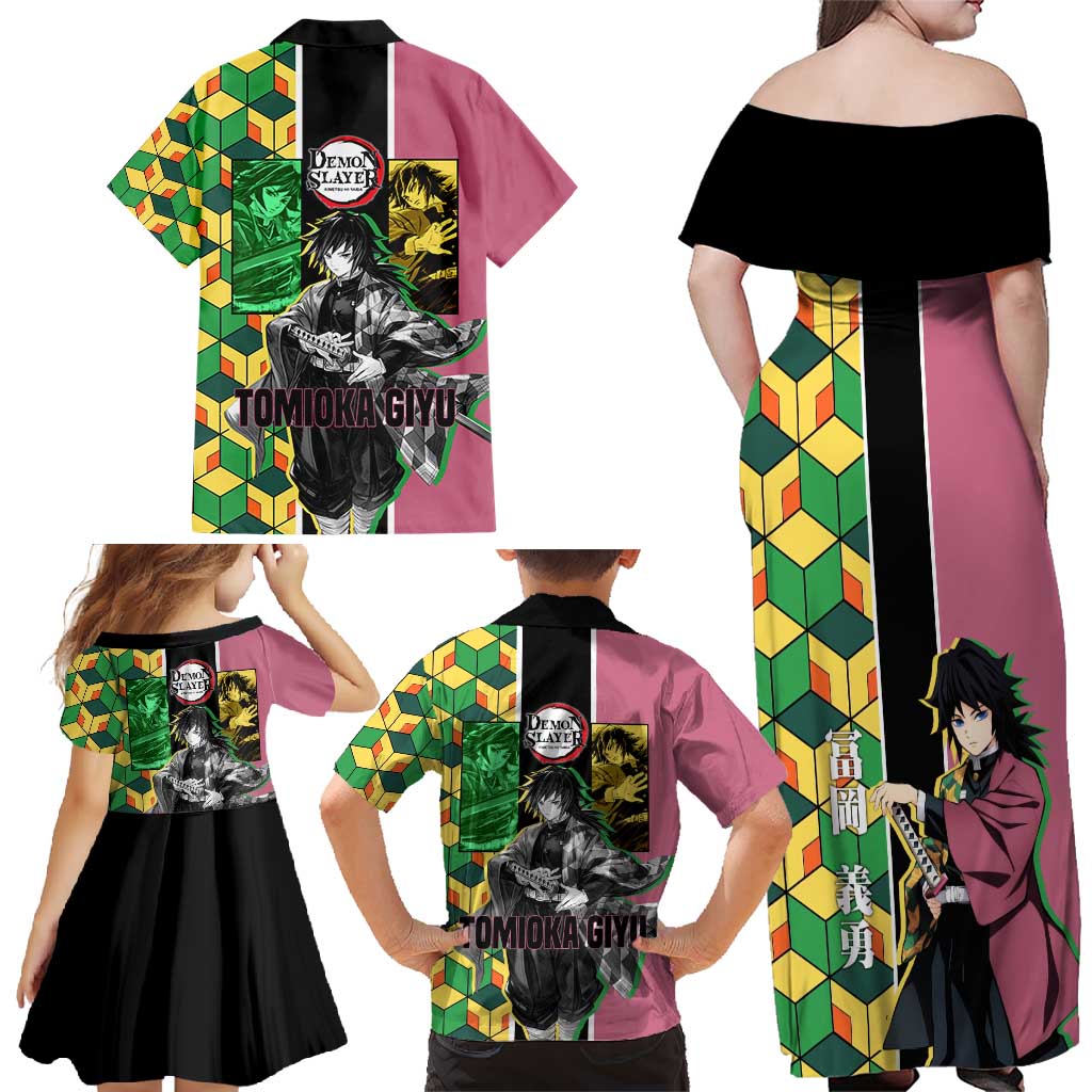 Giyu Tomioka from Demon Slayer Family Matching Off Shoulder Maxi Dress and Hawaiian Shirt with Geometric Pattern Sleeve and Pink and Black Manga Panel Design - The Mazicc