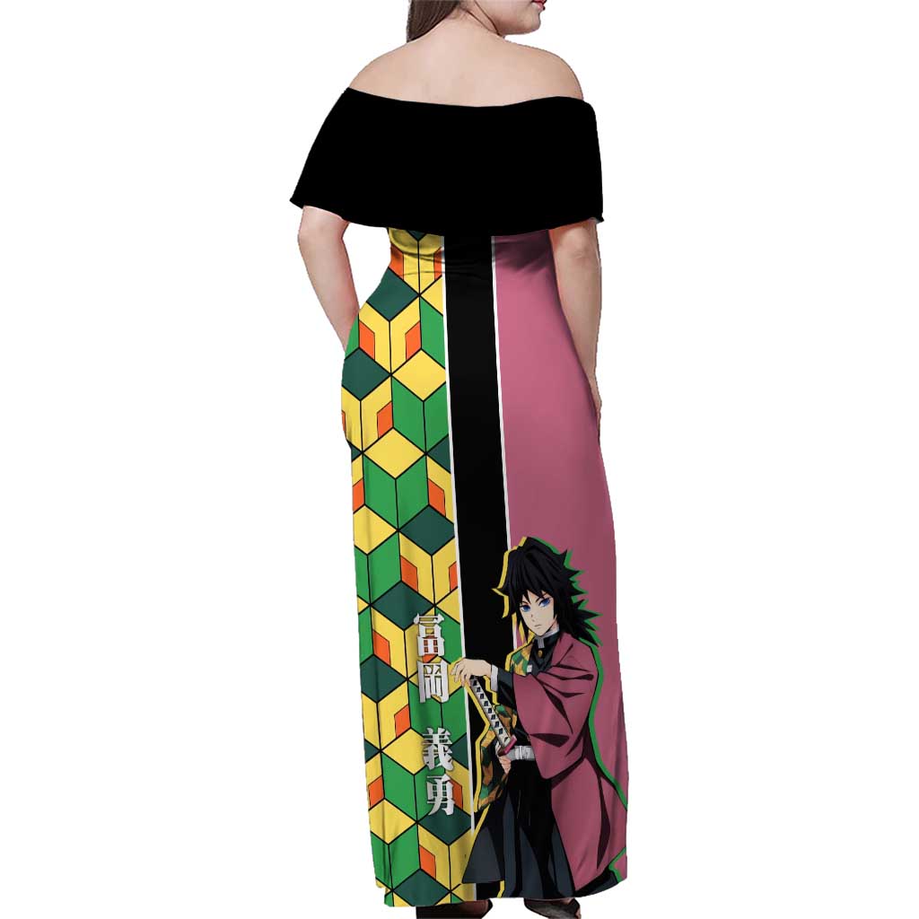 Giyu Tomioka from Demon Slayer Family Matching Off Shoulder Maxi Dress and Hawaiian Shirt with Geometric Pattern Sleeve and Pink and Black Manga Panel Design - The Mazicc