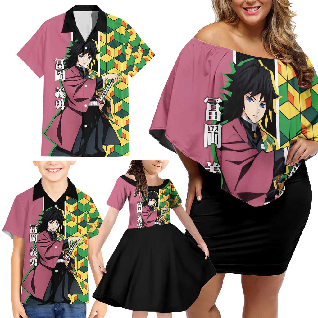 Giyu Tomioka from Demon Slayer Family Matching Off Shoulder Short Dress and Hawaiian Shirt with Geometric Pattern Sleeve and Pink and Black Manga Panel Design - The Mazicc