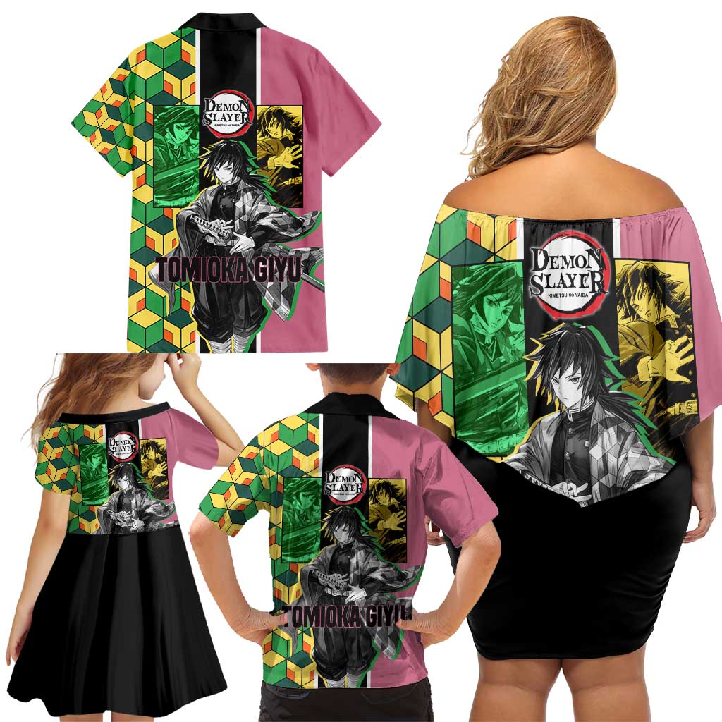 Giyu Tomioka from Demon Slayer Family Matching Off Shoulder Short Dress and Hawaiian Shirt with Geometric Pattern Sleeve and Pink and Black Manga Panel Design - The Mazicc