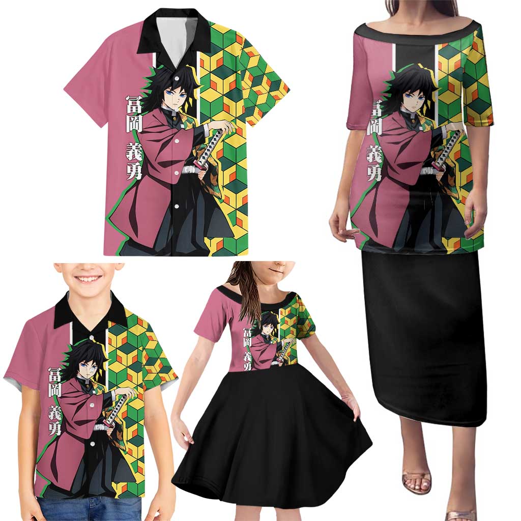 Giyu Tomioka from Demon Slayer Family Matching Puletasi and Hawaiian Shirt with Geometric Pattern Sleeve and Pink and Black Manga Panel Design - The Mazicc