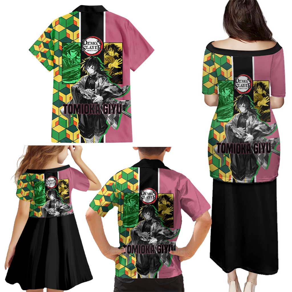 Giyu Tomioka from Demon Slayer Family Matching Puletasi and Hawaiian Shirt with Geometric Pattern Sleeve and Pink and Black Manga Panel Design - The Mazicc