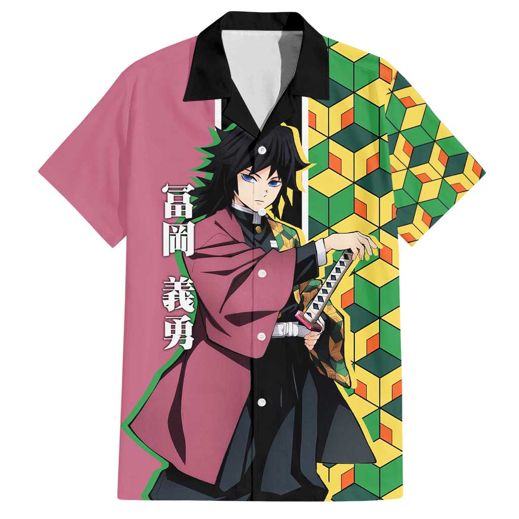 Giyu Tomioka from Demon Slayer Family Matching Puletasi and Hawaiian Shirt with Geometric Pattern Sleeve and Pink and Black Manga Panel Design - The Mazicc