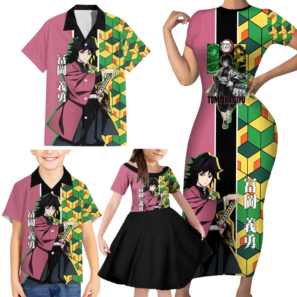 Giyu Tomioka from Demon Slayer Family Matching Short Sleeve Bodycon Dress and Hawaiian Shirt with Geometric Pattern Sleeve and Pink and Black Manga Panel Design - The Mazicc