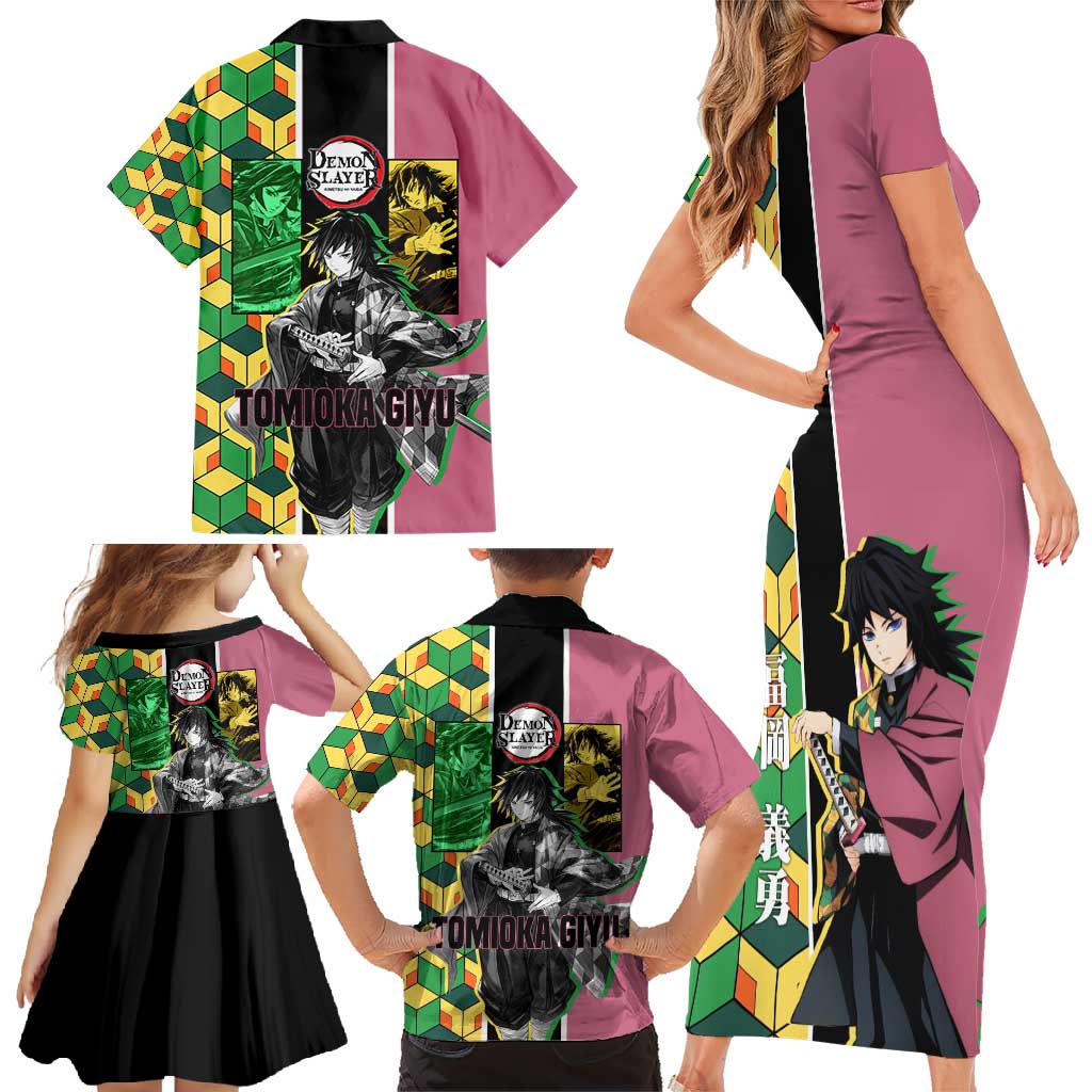 Giyu Tomioka from Demon Slayer Family Matching Short Sleeve Bodycon Dress and Hawaiian Shirt with Geometric Pattern Sleeve and Pink and Black Manga Panel Design - The Mazicc