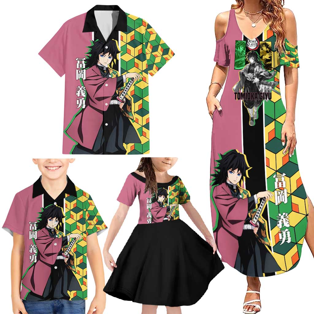 Giyu Tomioka from Demon Slayer Family Matching Summer Maxi Dress and Hawaiian Shirt with Geometric Pattern Sleeve and Pink and Black Manga Panel Design - The Mazicc