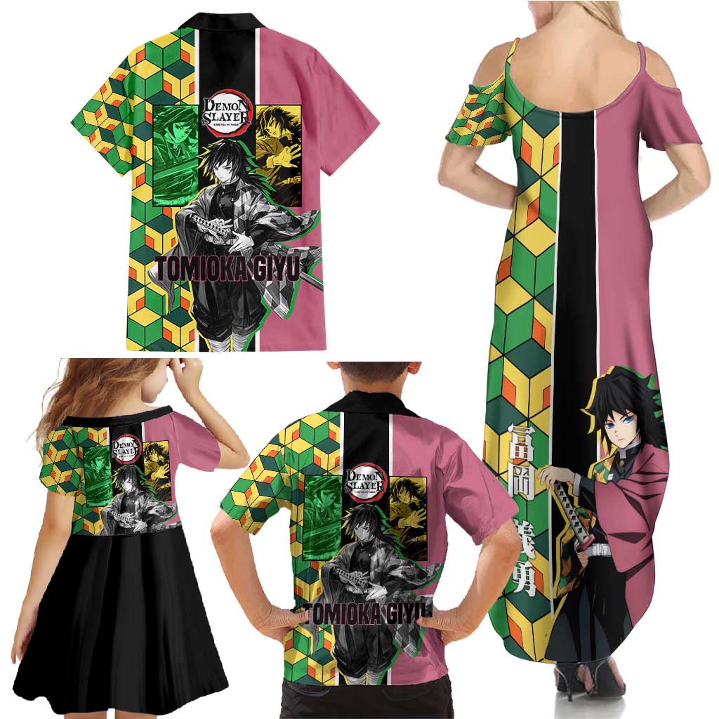Giyu Tomioka from Demon Slayer Family Matching Summer Maxi Dress and Hawaiian Shirt with Geometric Pattern Sleeve and Pink and Black Manga Panel Design - The Mazicc