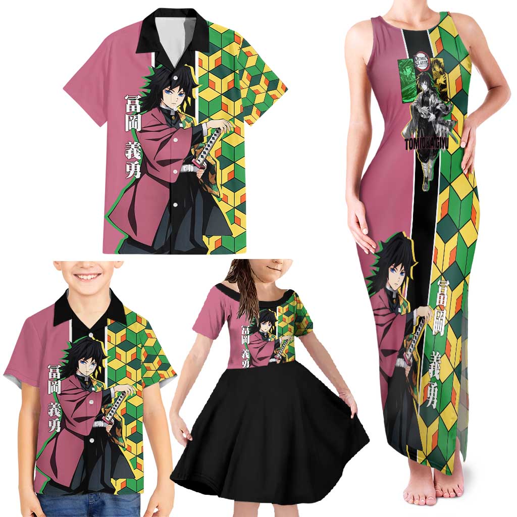 Giyu Tomioka from Demon Slayer Family Matching Tank Maxi Dress and Hawaiian Shirt with Geometric Pattern Sleeve and Pink and Black Manga Panel Design - The Mazicc