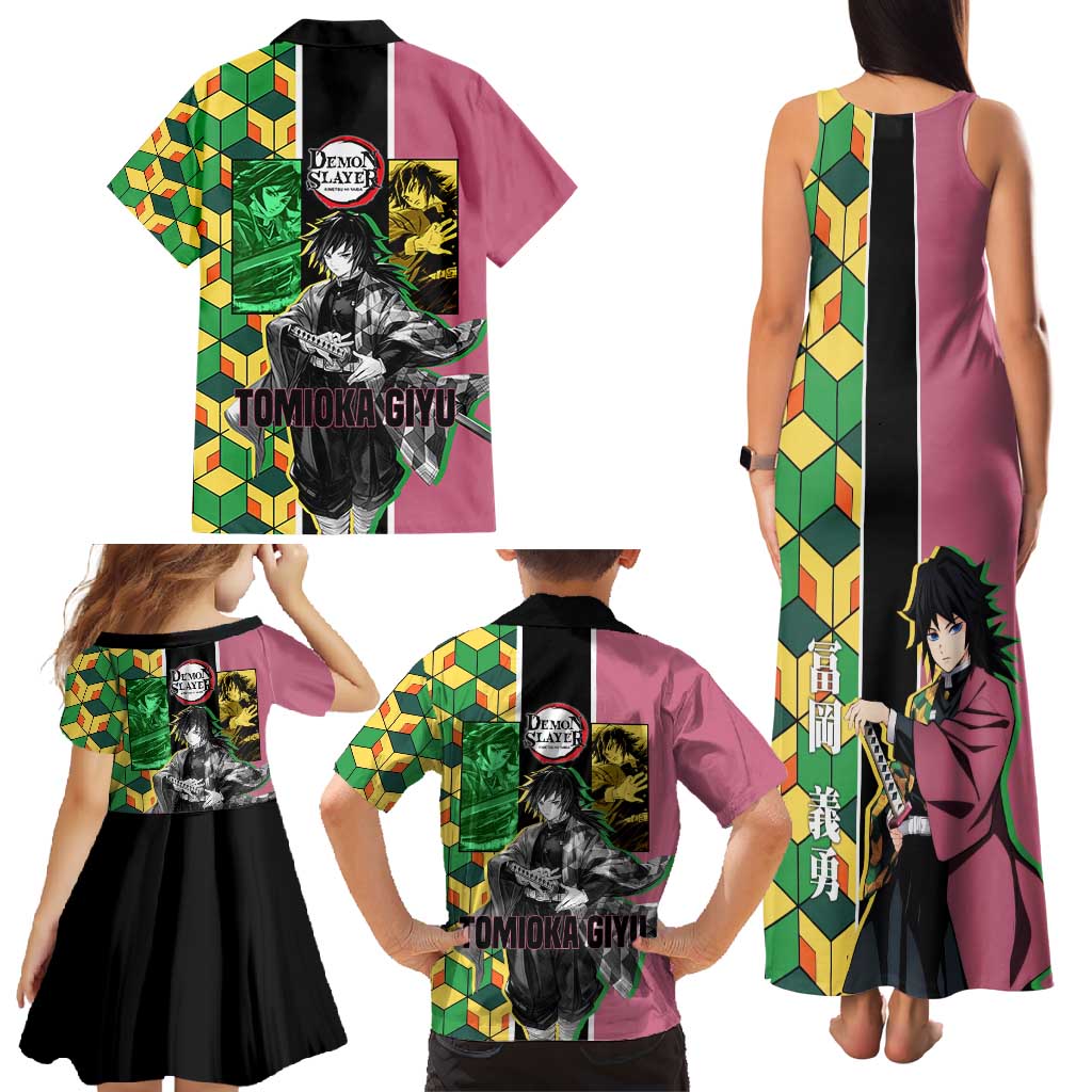 Giyu Tomioka from Demon Slayer Family Matching Tank Maxi Dress and Hawaiian Shirt with Geometric Pattern Sleeve and Pink and Black Manga Panel Design - The Mazicc