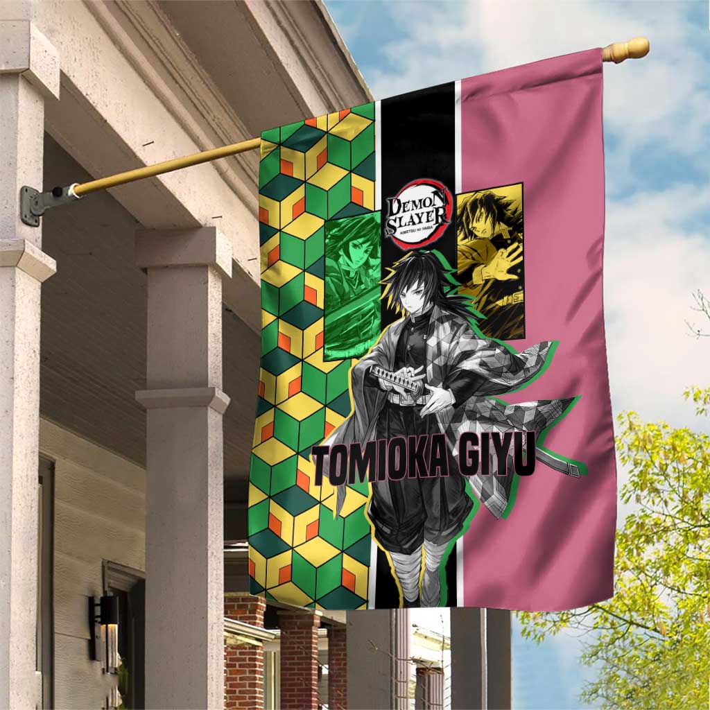 Giyu Tomioka from Demon Slayer Garden Flag with Geometric Pattern Sleeve and Pink and Black Manga Panel Design - The Mazicc
