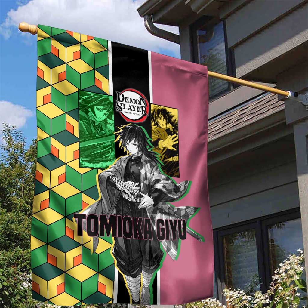 Giyu Tomioka from Demon Slayer Garden Flag with Geometric Pattern Sleeve and Pink and Black Manga Panel Design - The Mazicc