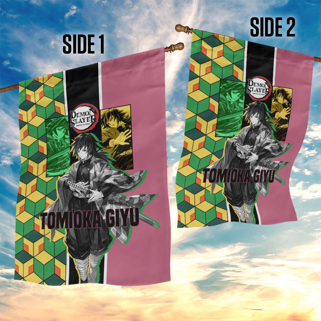 Giyu Tomioka from Demon Slayer Garden Flag with Geometric Pattern Sleeve and Pink and Black Manga Panel Design - The Mazicc