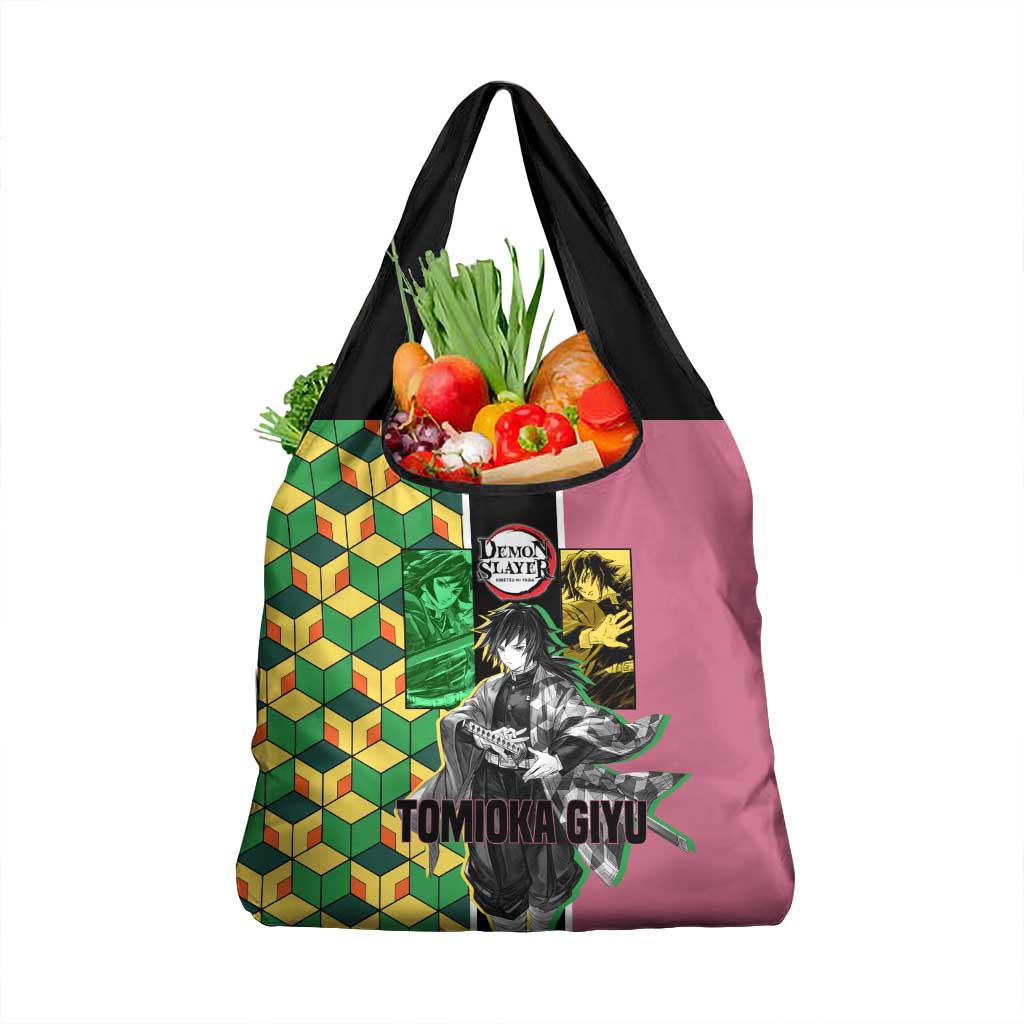 Giyu Tomioka from Demon Slayer Grocery Bag with Geometric Pattern Sleeve and Pink and Black Manga Panel Design - The Mazicc