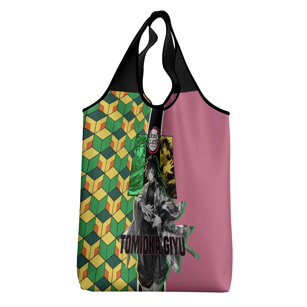 Giyu Tomioka from Demon Slayer Grocery Bag with Geometric Pattern Sleeve and Pink and Black Manga Panel Design - The Mazicc