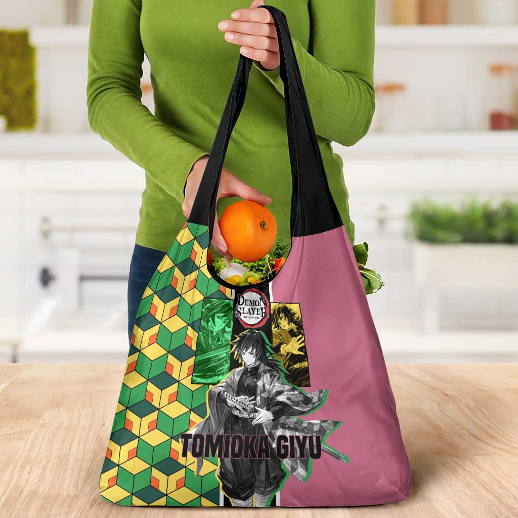 Giyu Tomioka from Demon Slayer Grocery Bag with Geometric Pattern Sleeve and Pink and Black Manga Panel Design - The Mazicc
