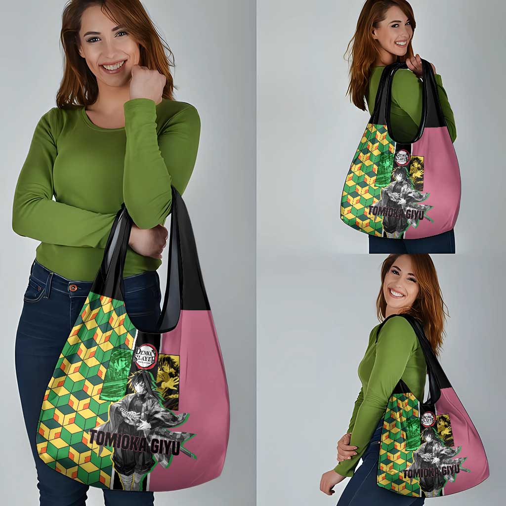 Giyu Tomioka from Demon Slayer Grocery Bag with Geometric Pattern Sleeve and Pink and Black Manga Panel Design - The Mazicc
