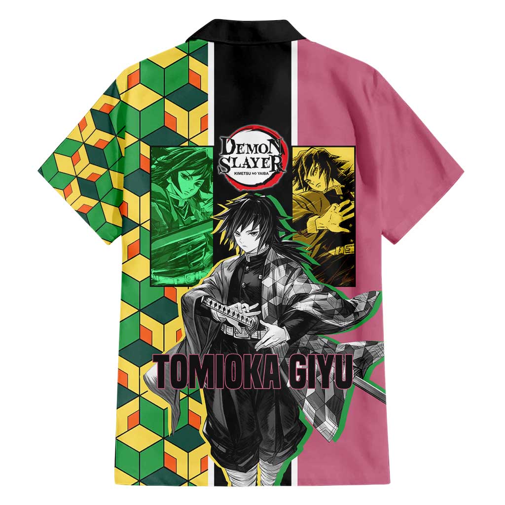 Giyu Tomioka from Demon Slayer Hawaiian Shirt with Geometric Pattern Sleeve and Pink and Black Manga Panel Design - The Mazicc