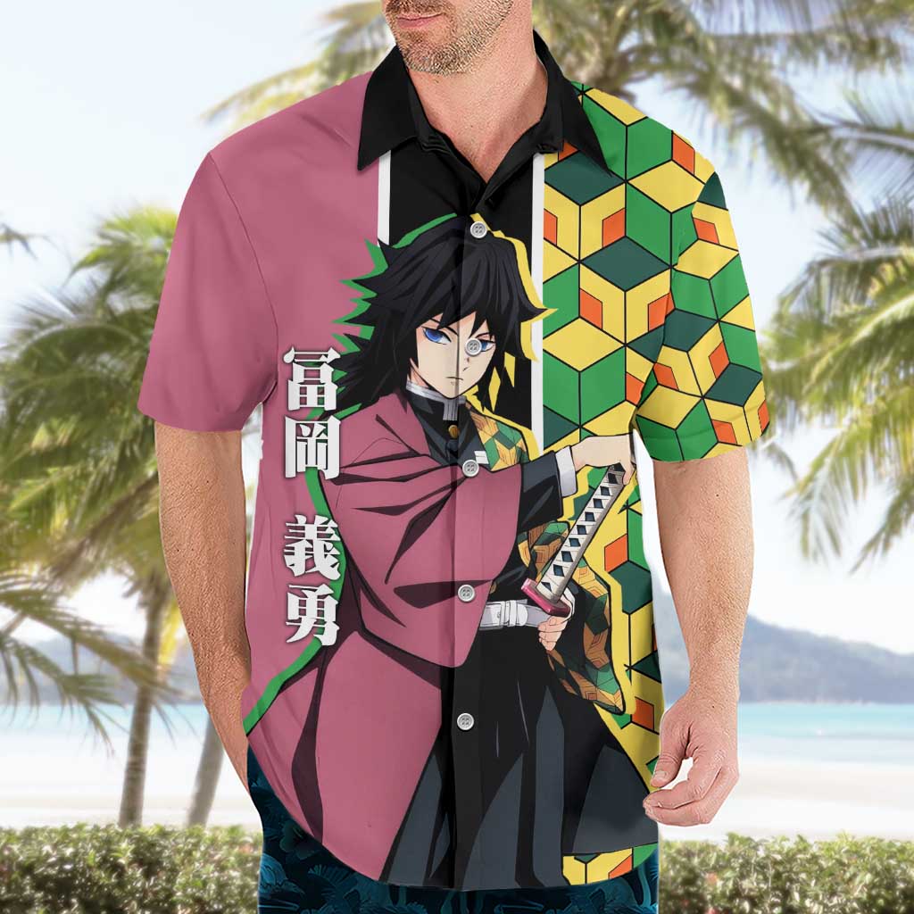 Giyu Tomioka from Demon Slayer Hawaiian Shirt with Geometric Pattern Sleeve and Pink and Black Manga Panel Design - The Mazicc