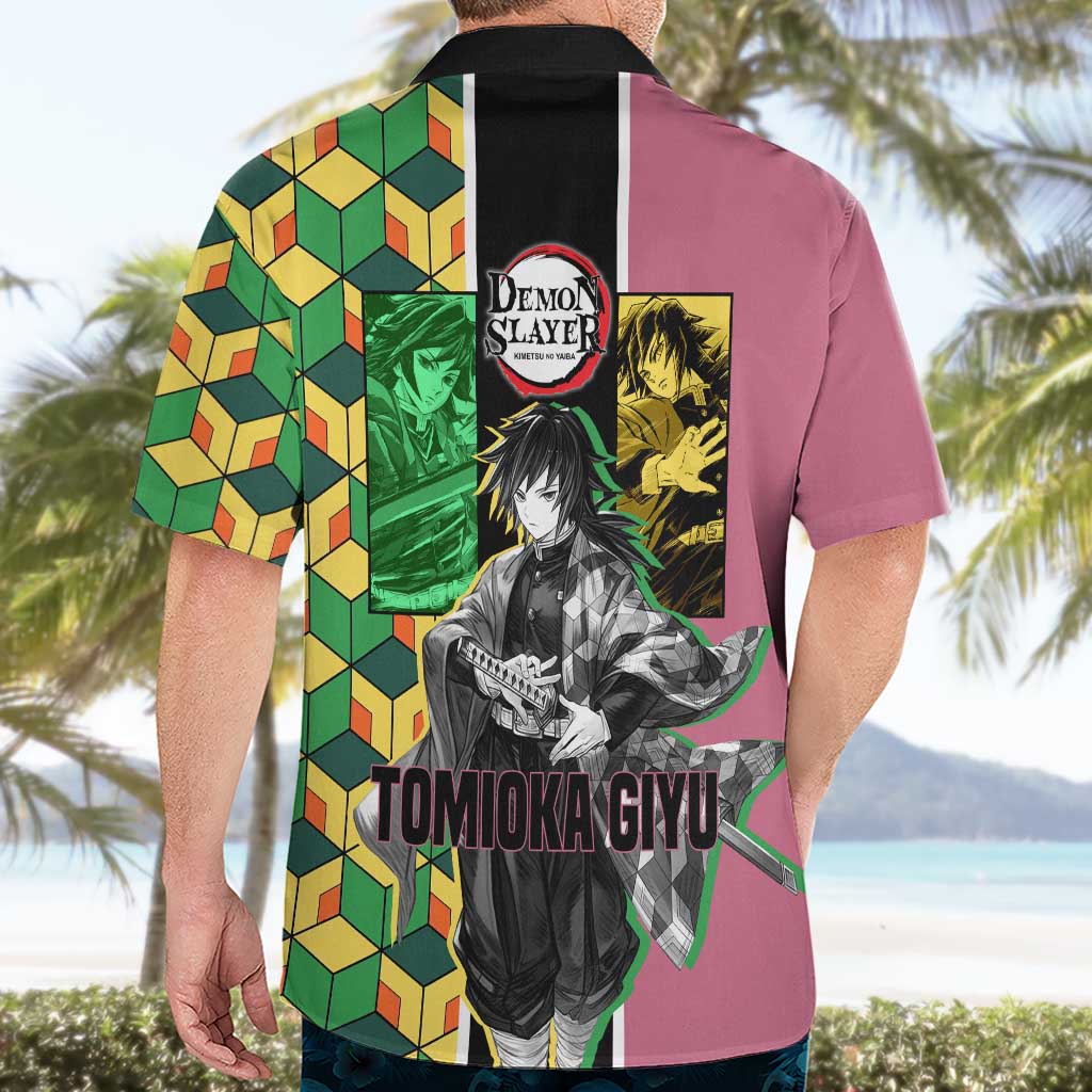 Giyu Tomioka from Demon Slayer Hawaiian Shirt with Geometric Pattern Sleeve and Pink and Black Manga Panel Design - The Mazicc