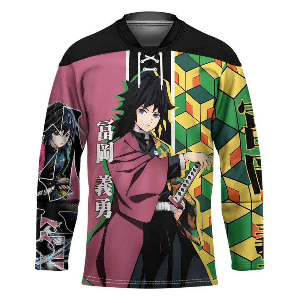Giyu Tomioka from Demon Slayer Hockey Jersey with Geometric Pattern Sleeve and Pink and Black Manga Panel Design - The Mazicc