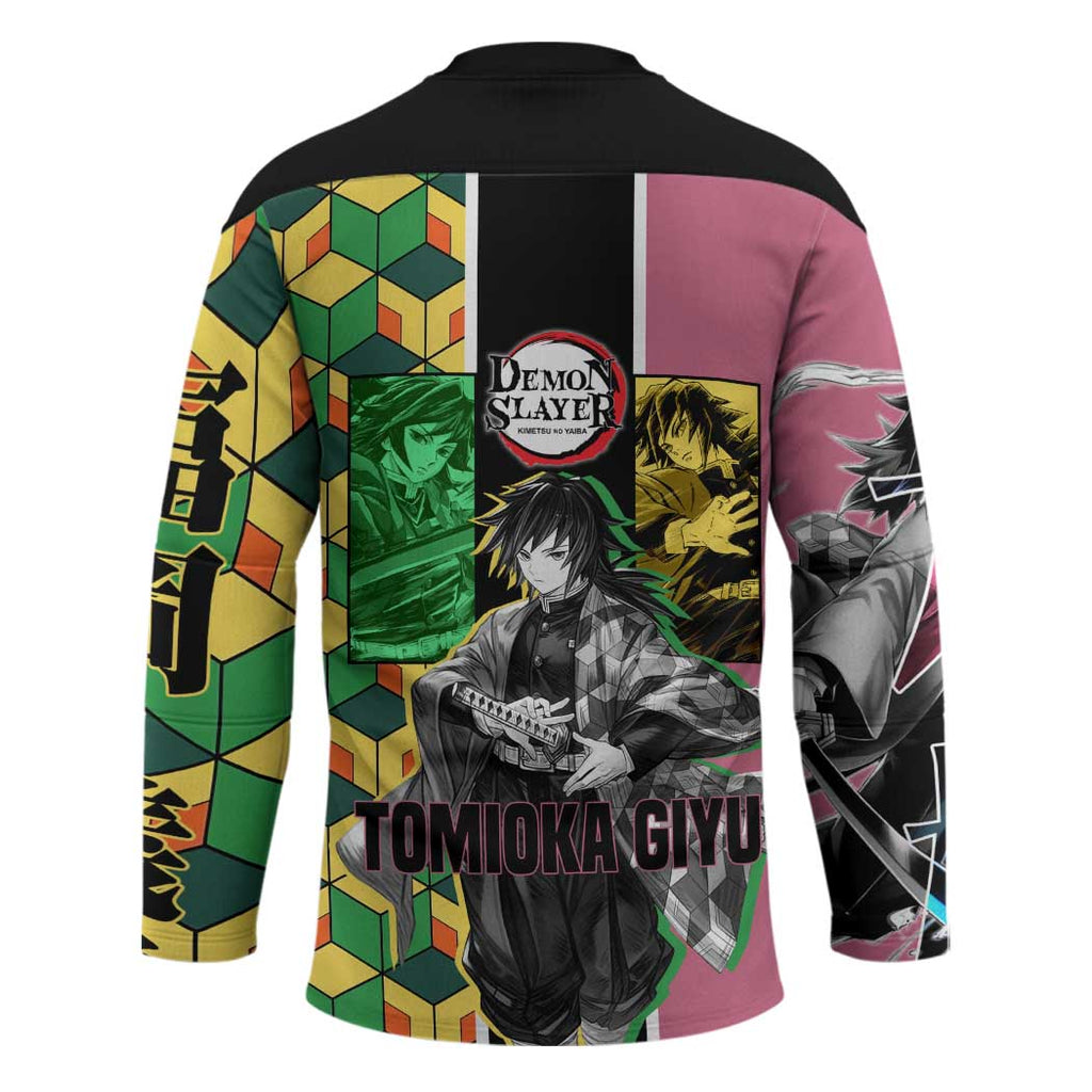 Giyu Tomioka from Demon Slayer Hockey Jersey with Geometric Pattern Sleeve and Pink and Black Manga Panel Design - The Mazicc