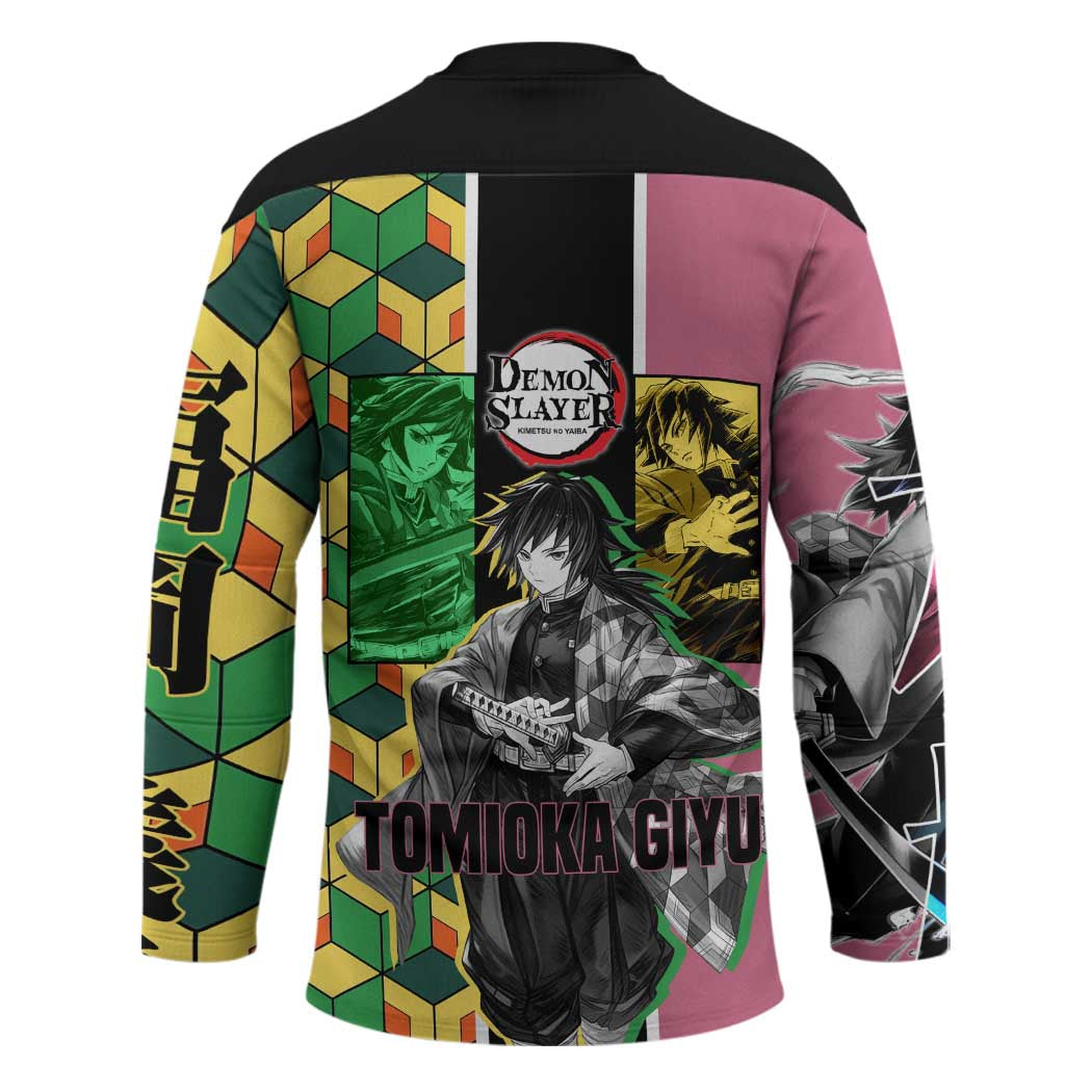 Giyu Tomioka from Demon Slayer Hockey Jersey with Geometric Pattern Sleeve and Pink and Black Manga Panel Design - The Mazicc