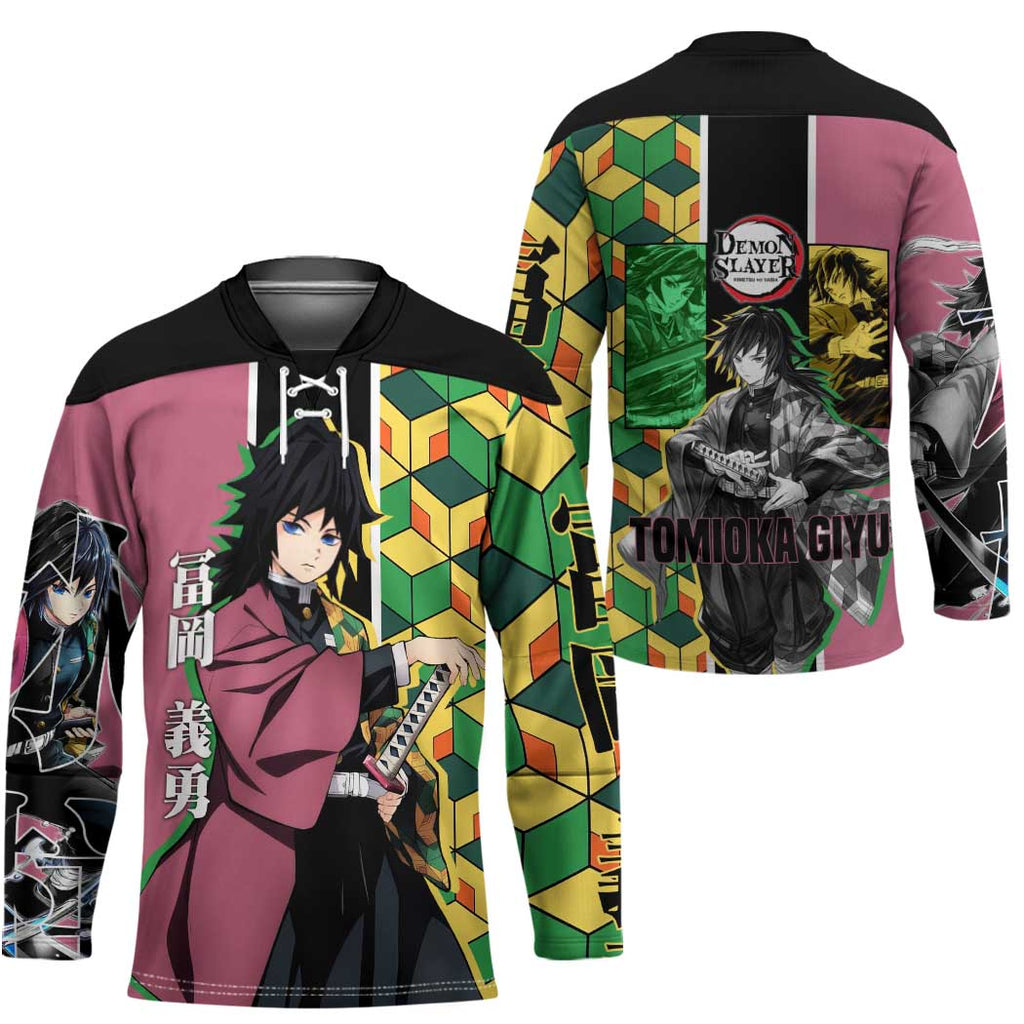 Giyu Tomioka from Demon Slayer Hockey Jersey with Geometric Pattern Sleeve and Pink and Black Manga Panel Design - The Mazicc