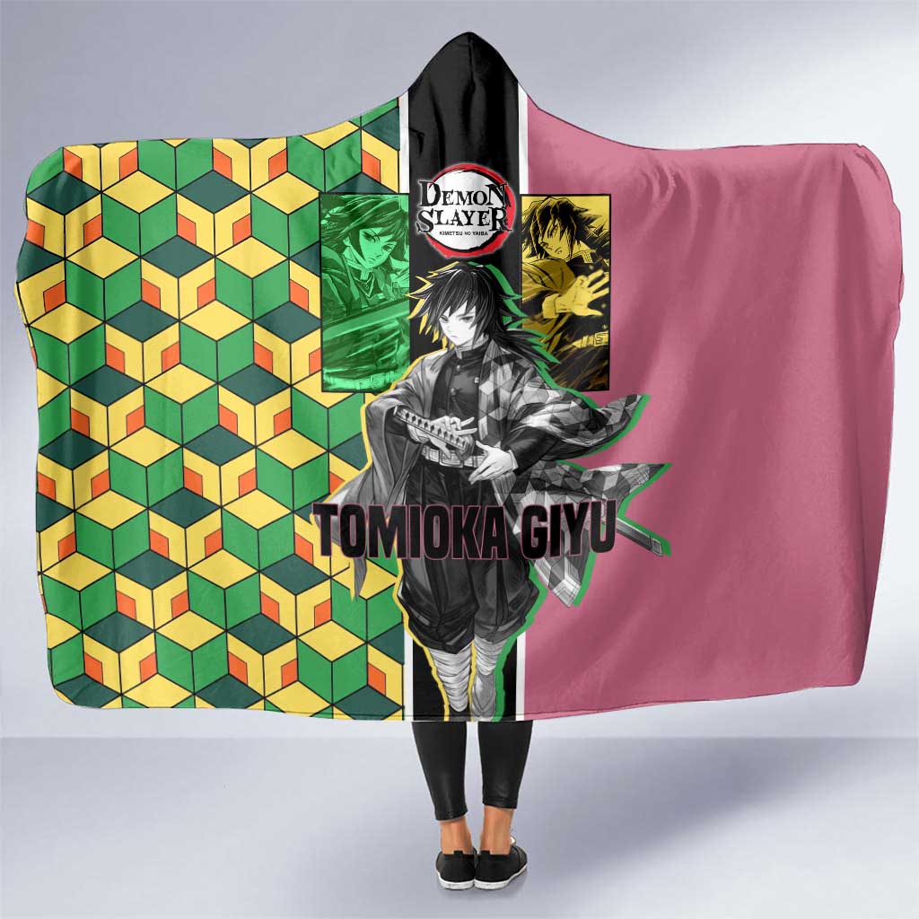 Giyu Tomioka from Demon Slayer Hooded Blanket with Geometric Pattern Sleeve and Pink and Black Manga Panel Design - The Mazicc