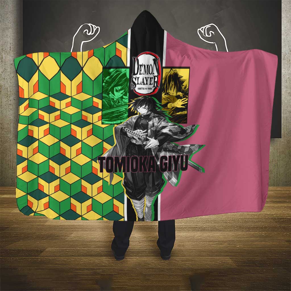 Giyu Tomioka from Demon Slayer Hooded Blanket with Geometric Pattern Sleeve and Pink and Black Manga Panel Design - The Mazicc