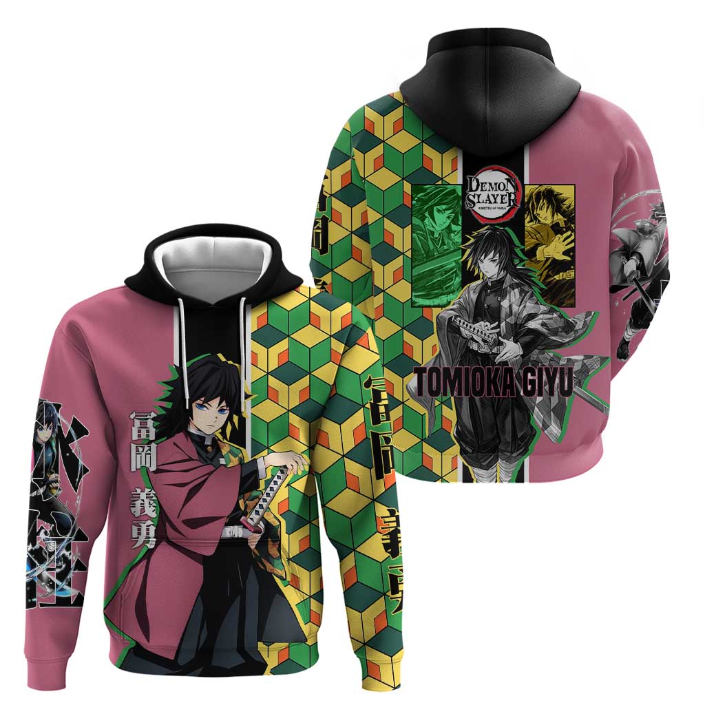 Giyu Tomioka from Demon Slayer Hoodie with Geometric Pattern Sleeve and Pink and Black Manga Panel Design - The Mazicc