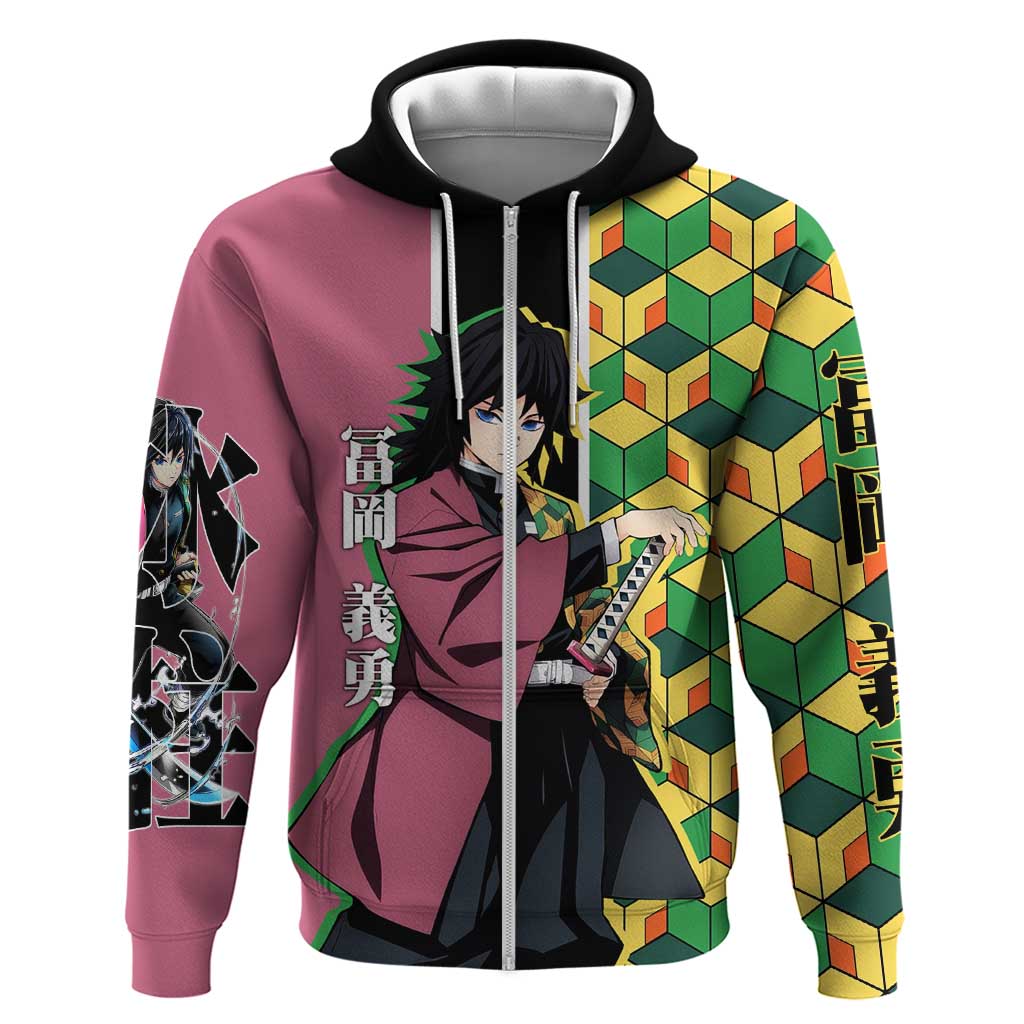 Giyu Tomioka from Demon Slayer Hoodie with Geometric Pattern Sleeve and Pink and Black Manga Panel Design - The Mazicc