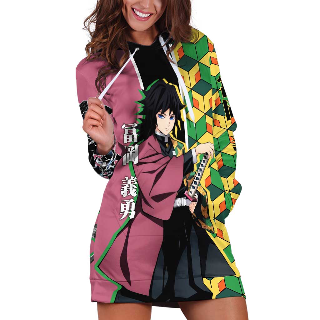Giyu Tomioka from Demon Slayer Hoodie Dress with Geometric Pattern Sleeve and Pink and Black Manga Panel Design - The Mazicc