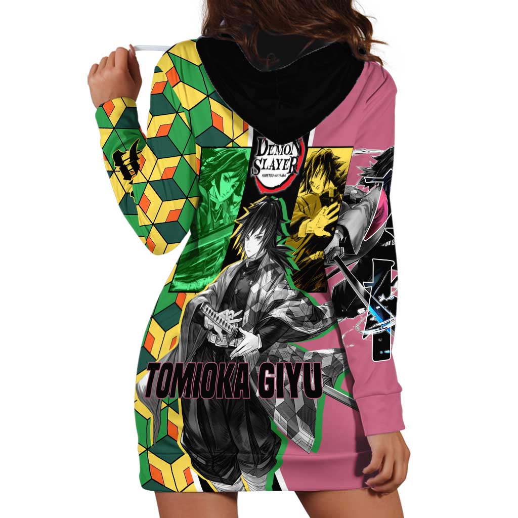 Giyu Tomioka from Demon Slayer Hoodie Dress with Geometric Pattern Sleeve and Pink and Black Manga Panel Design - The Mazicc