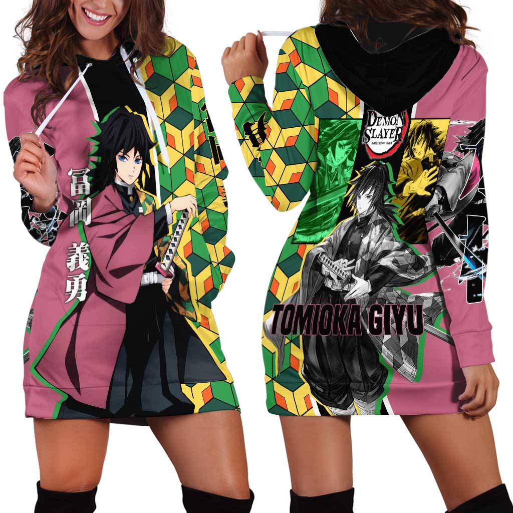 Giyu Tomioka from Demon Slayer Hoodie Dress with Geometric Pattern Sleeve and Pink and Black Manga Panel Design - The Mazicc